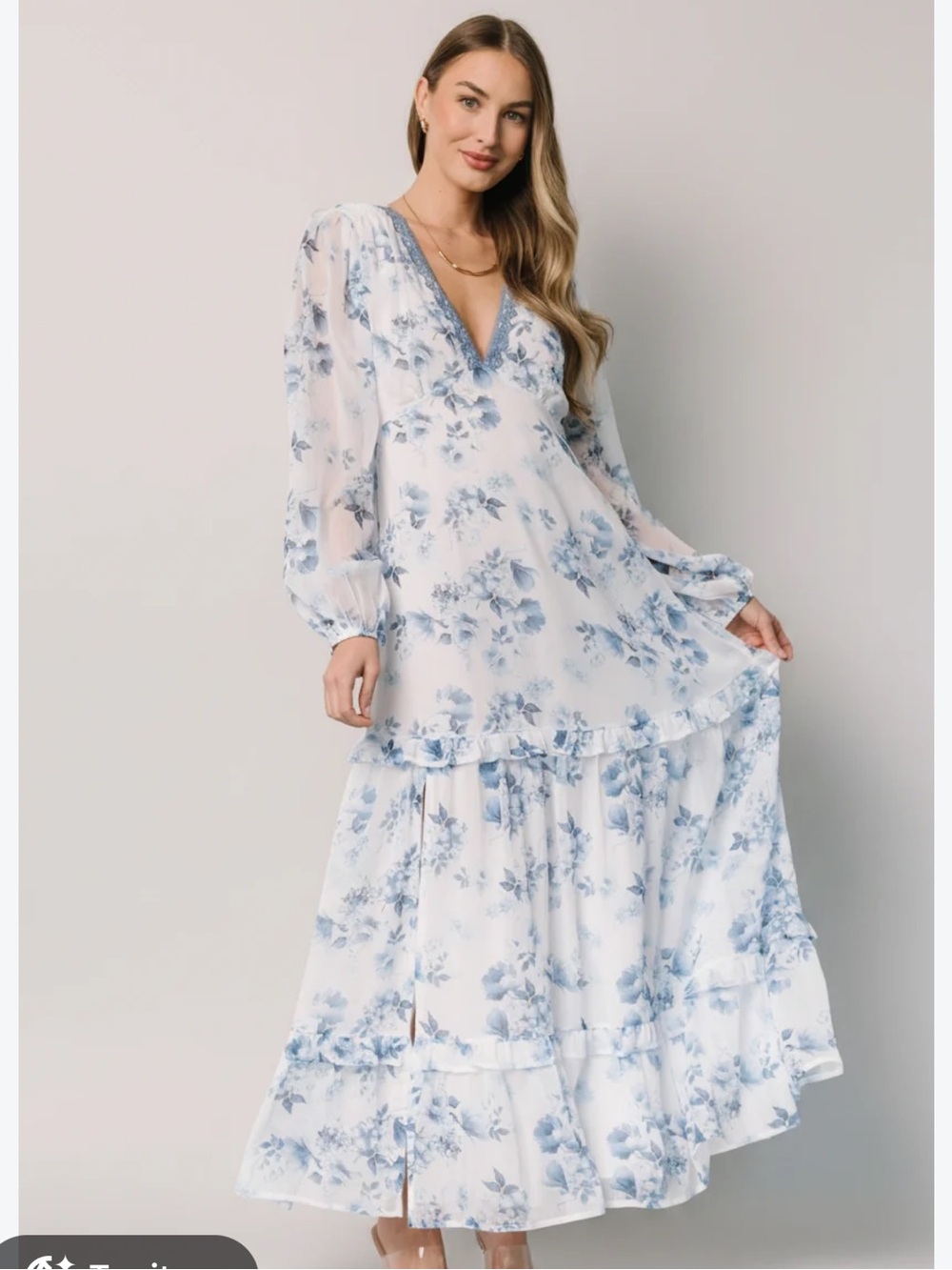 BALTIC BORN Rumi Deep V Tiered Floral Maxi Dress w/ Slit Long Sleeve Size Large